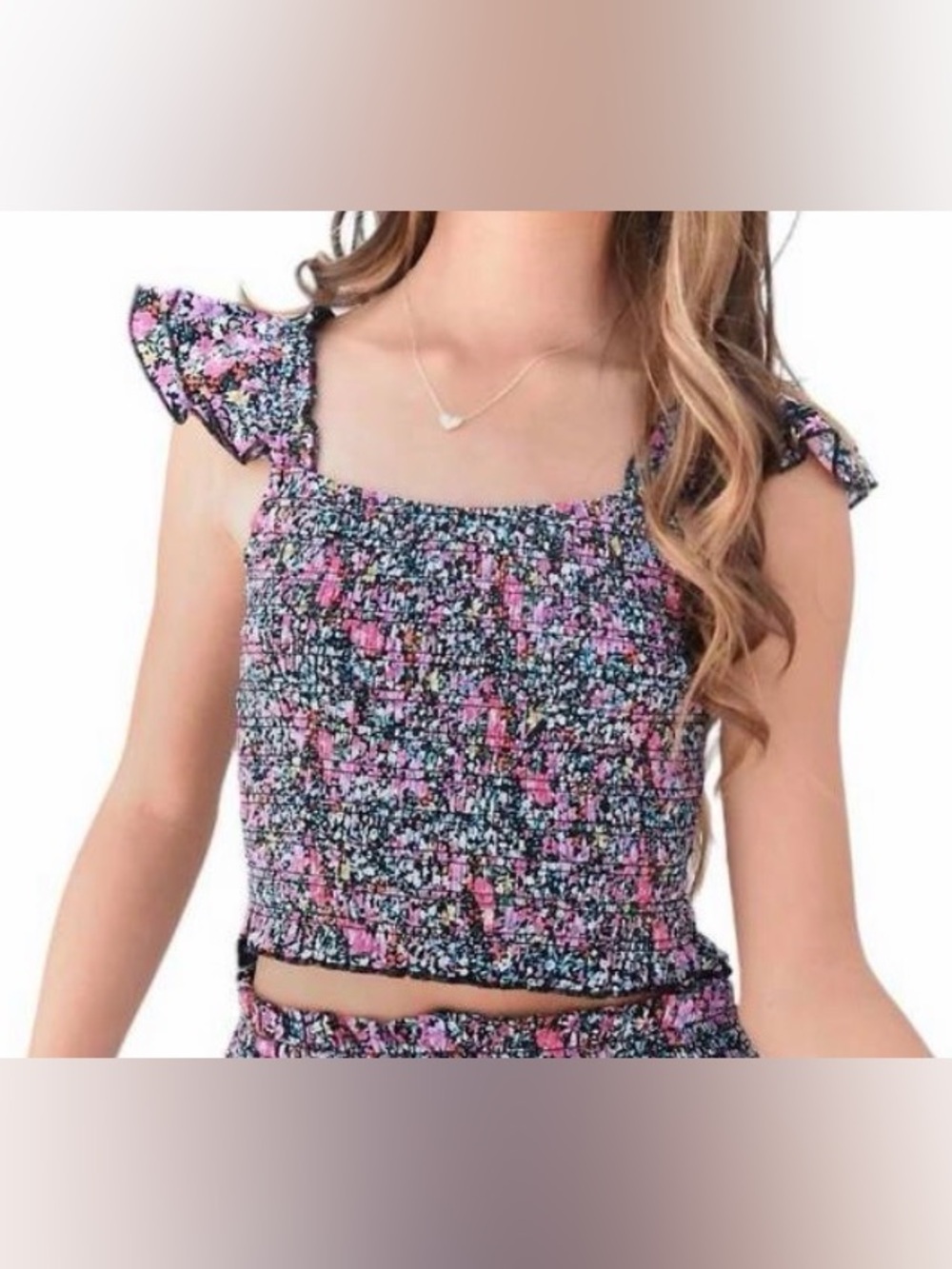NWT. KatieJ. Size Junior large.Smocked Floral Ruffle Strap Crop Top - Pink/Black